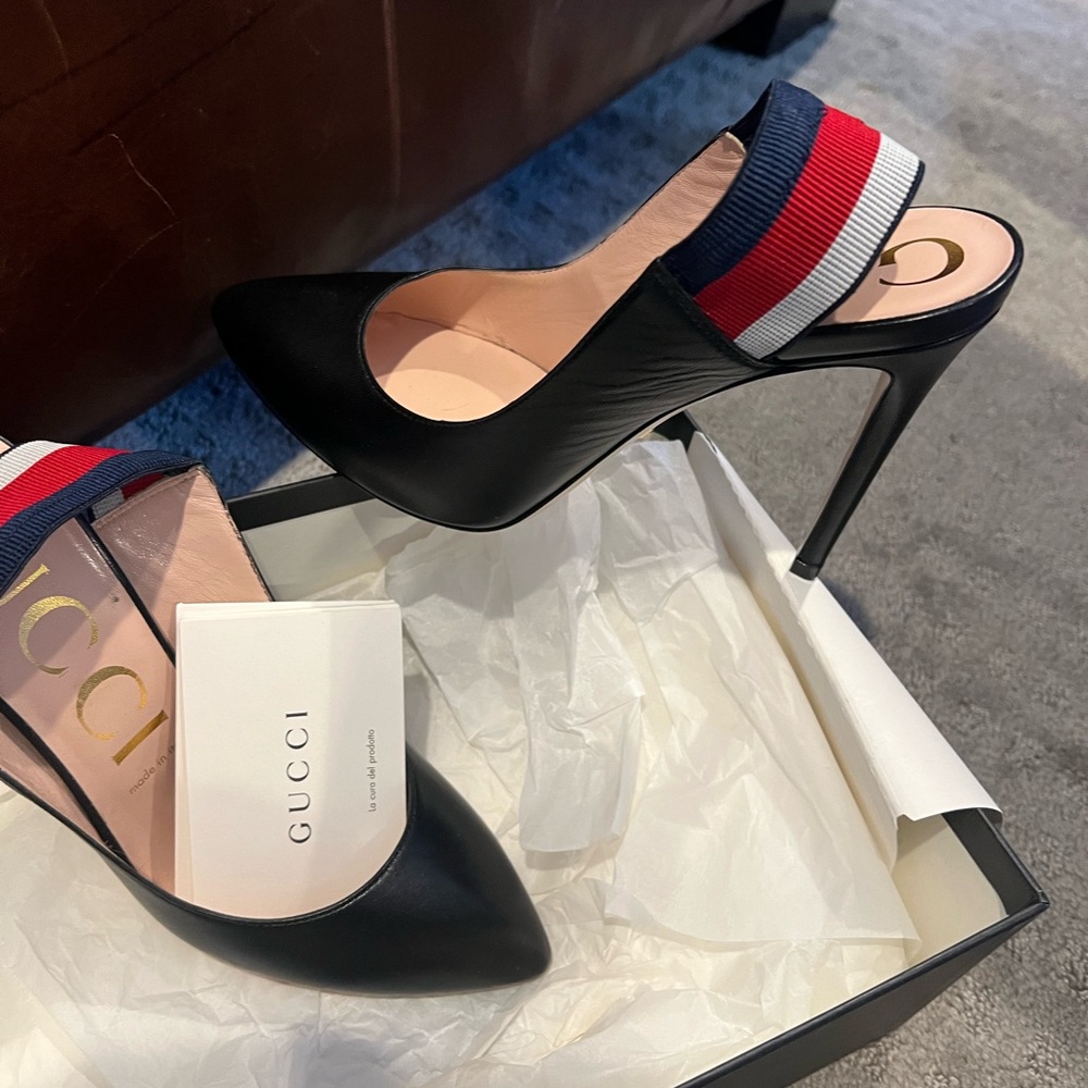 Gucci Black Heels with Red and Blue Straps